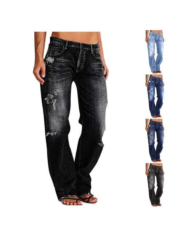 Women Denim Pants Stacked Pants Ripped Jeans Boyfriend Jeans Distressed Jeans Baggy Lounge Jean Pants Straight Leg Pants with Pcckets