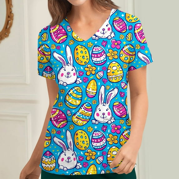 AGWOLF Women Easter Scrub Tops V Neck Short Sleeve Nursing Workwear Funny Bunny Egg Printed Easter Day Working Uniform with Pockets 2025 Holiday Gifts for Her