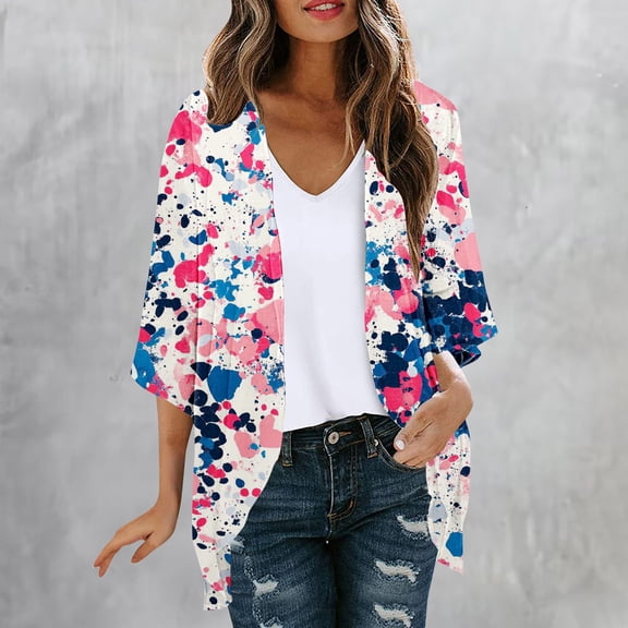 AGWOLF Women Floral Print Lightweight Chiffon Kimono Cardigan 3/4 Length Sleeve Loose Beach Wear Cover Up Summer Casual Blouse Top Multicolor,M
