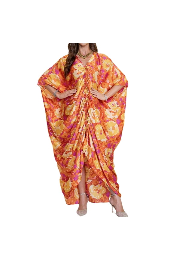 Women Kaftan Dresses V-Neck Batwing Sleeves Beach Cover Up Summer Floral Print Caftan Dress Multicolor Free Size