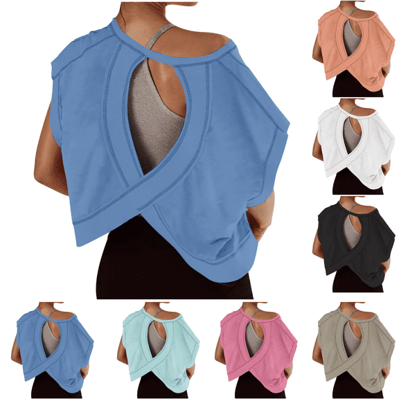 AGWOLF Women Open Back Tops Criss Cross Cut Out Backless Workout Tees Casual Short Sleeve Athletic Shirts Oversized Gym T Shirt Blue XL