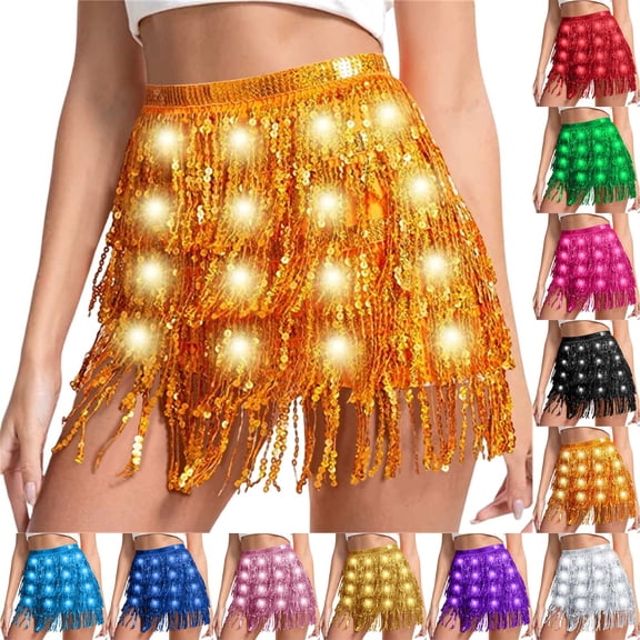 AGWOLF Women Tassel Sequin Skirt Sparkly Elastic High Waist Skirts Shiny Led Mini Skirts Fringe Belly Dance Hip Scarf Rave Party Outfit