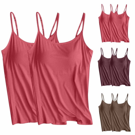 AGWOLF Women's 2 Pack Camisole with Build in Shelf Bra Spaghetti Strap Tank Top Plus Size Modal Undershirts Comfy Sleepwear Watermelon Red L