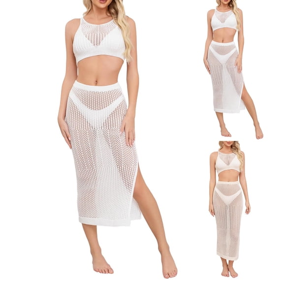 AGWOLF Women's 2 Piece Crochet Swimsuit Coverups Hollow Out Bikini Bathing Suit Cover Up Swimwear Mesh Beach Slit Skirt Set White Free Size
