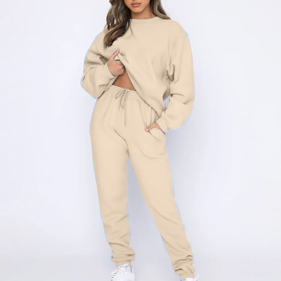 AGWOLF Women's 2 Piece Sweatsuits Sets Long Sleeve Crewneck Pullover Tops High Waisted Drawstring Sweatpants Matching Sports Suits Fall Outfits