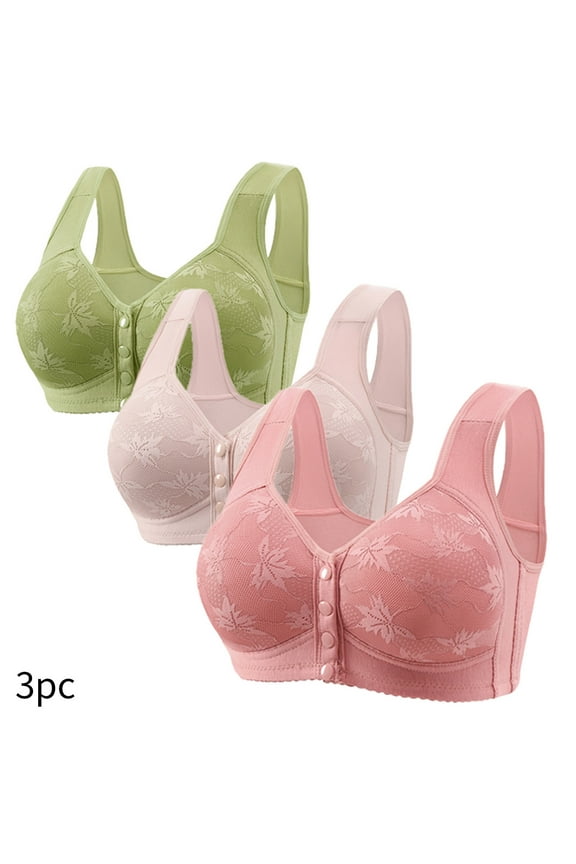Women's 3 Pack Bras Full Coverage Front Closure Jacquard Bra Plus Size No Underwire Bralettes Comfort Support Bras
