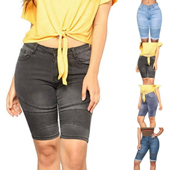 AGWOLF Women's Bermuda Jean Shorts Summer Mid Waisted Strechy Denim Short Y2k Streetwear Knee Length Shorts for Teen Girls
