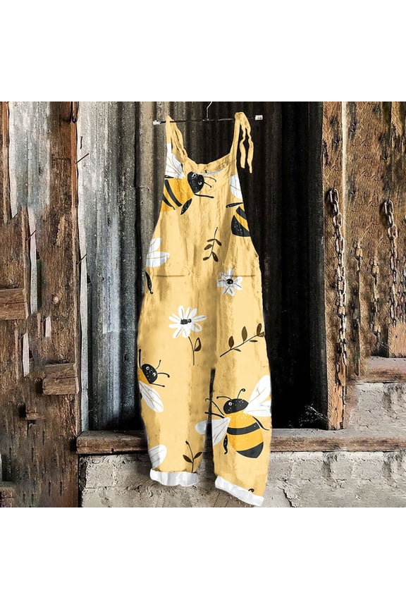 Women's Bib Jumpsuits Bee Festival Print Summer Sleeveless Romper Backless Wide Leg Playsuit Overalls with Pockets