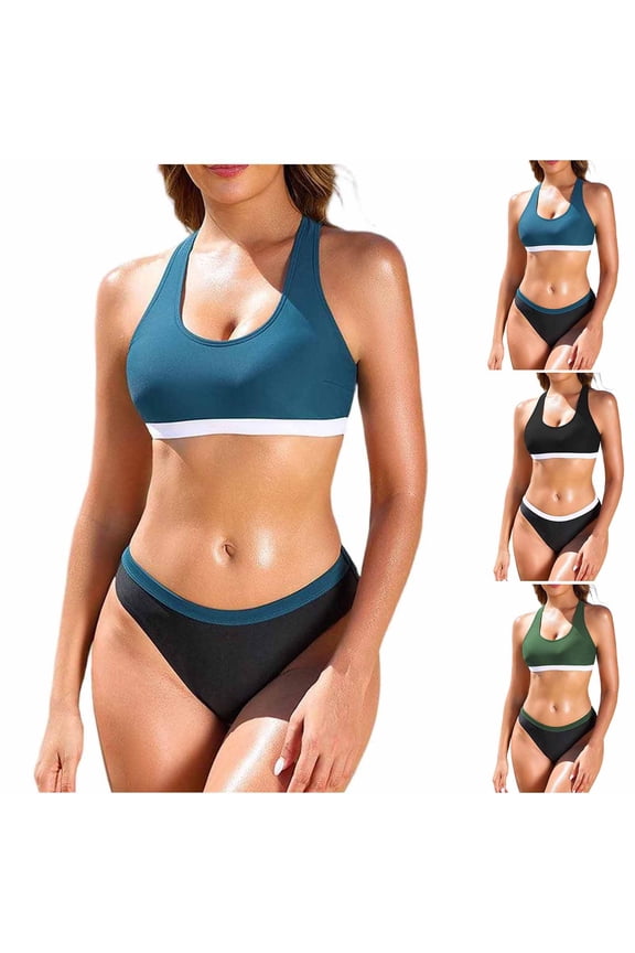 Women's Bikini Set Two Piece Swimsuit Athletic Bathing Suit Scoop Neck Color Block Swim Suit Cheeky Swimwear