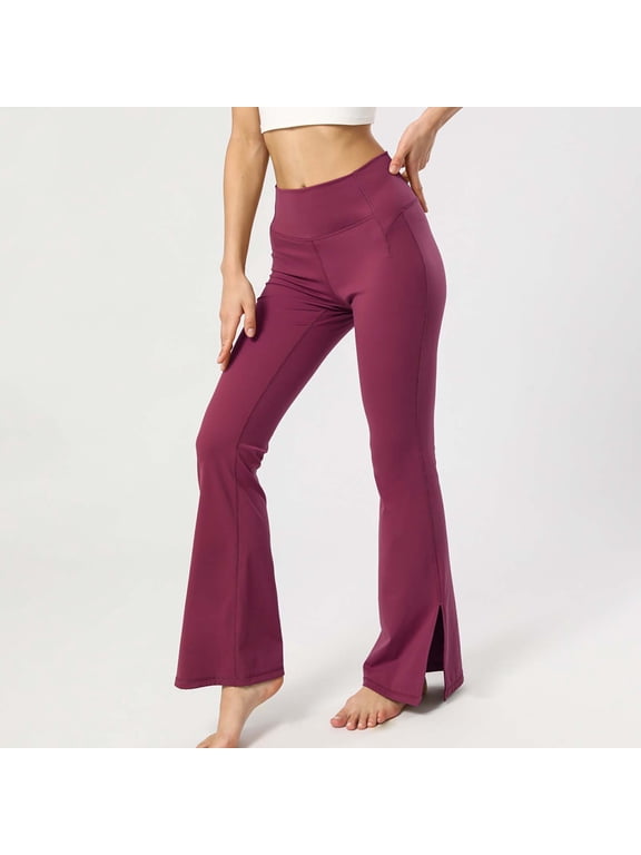 Women's Bootcut Yoga Pants Tummy Control Non See Through Bootleg Gym Workout Pants High Waisted Bell Bottoms with Split Hem