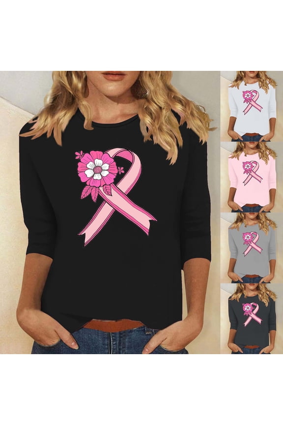 Women's Breast Cancer Awareness T-Shirt Pink Ribbon Printed Graphic Tees 3/4 Sleeve Crew Neck Soft Pullover Tops Hope Faith Cure Support Gift for Walk Gray XXXL