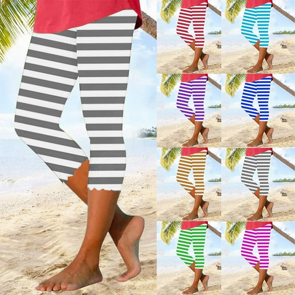 AGWOLF Women's Capri Leggings High Waisted Yoga Pants Summer Stripes Dressy Cropped Trousers Tummy Control Workout Athletic Leggings Coffee 2XL