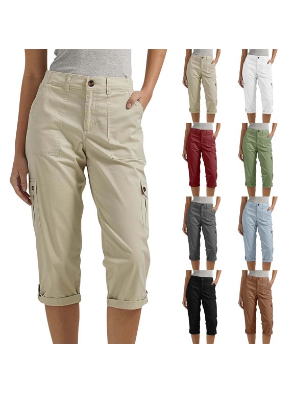 Women's Cargo Capri Pants Casual Loose-Fit Cuffed Hem Capris Pants Summer Cropped Pants Zipper Fly with Button Closure Work Pants