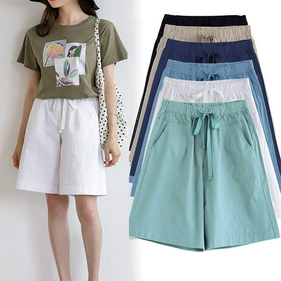AGWOLF Women's Casual Shorts with Pockets Summer High Waisted Drawstring Bermuda Shorts Plus Size Knee Length Short Pants