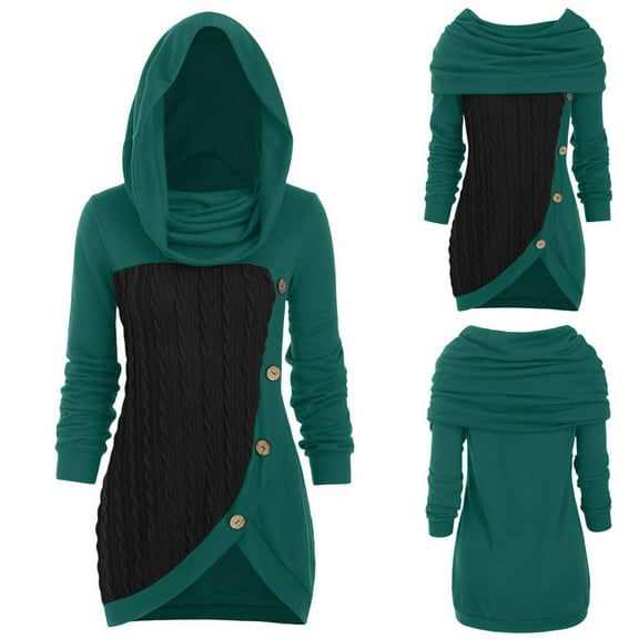 AGWOLF Women' s Cowl Collar Sweater Dress Casual Cable Knit Button Dresses Fashion Asymmetric Patchwork Sweaters