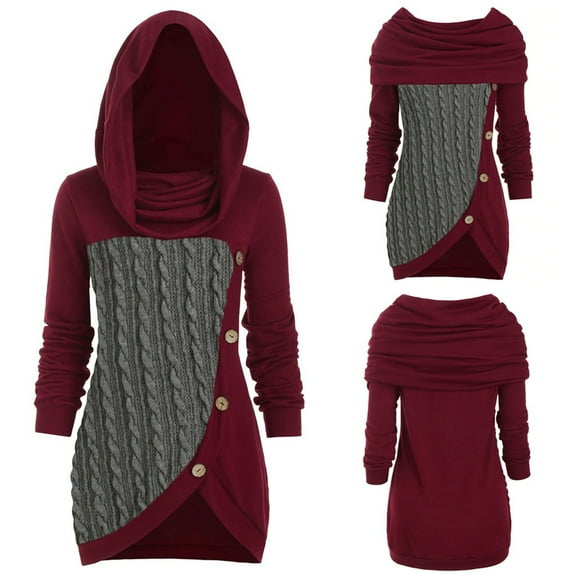 AGWOLF Women' s Cowl Collar Sweater Dress Casual Cable Knit Button Dresses Fashion Asymmetric Patchwork Sweaters