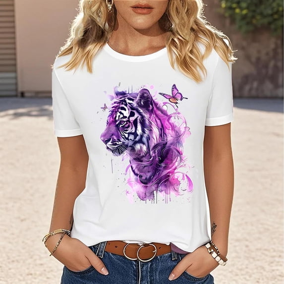 AGWOLF Women's Crewneck T Shirts Casual Short Sleeve T Shirt Loose Fit Graphic Tees Animal Printed Shirt for Summer Travel