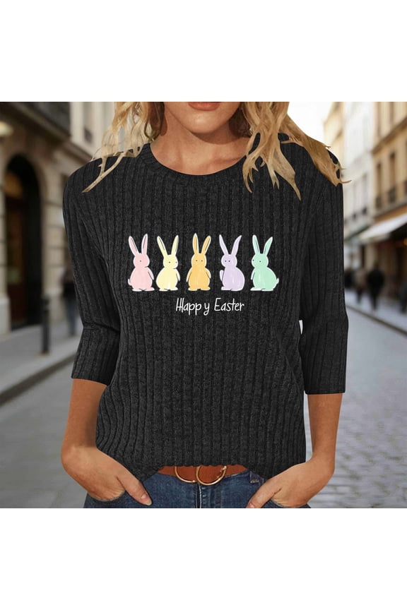 Women's Cute Easter Shirts Funny Bunny Rabbit Print Easter Day Jumper Blouse 3/4 Sleeve Knit Tunic Tops Black XXL