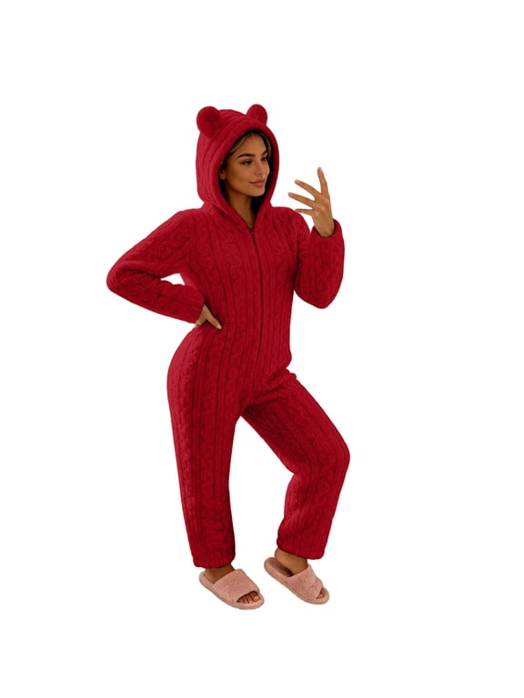 Women's Cute Hooded Animal Bathrobe Zip up Plush Bath Robes Soft Winter Warm Fleece Pajamas Zipper House Coat Red M