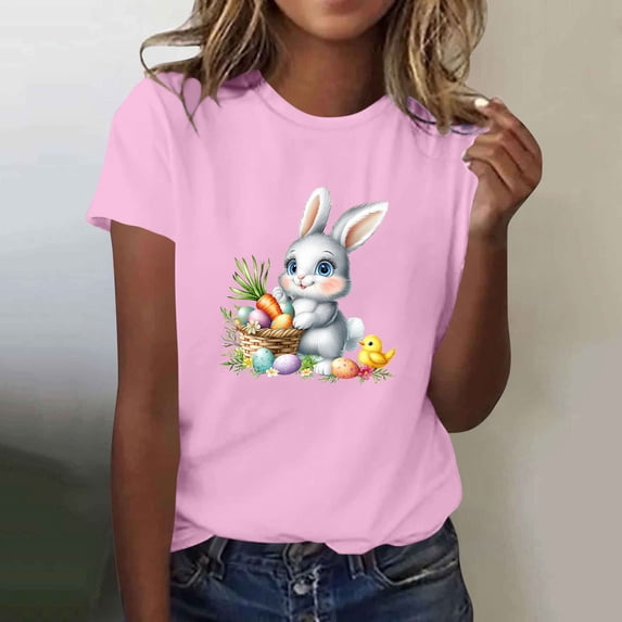 AGWOLF Women's Easter Shirt Short Sleeve Cute Bunny Print T-shirt Loose Fit Crew Neck Pullover Religious Tops Graphic Tees Pink XXL