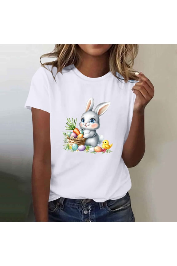 Women's Easter Shirt Short Sleeve Cute Bunny Print T-shirt Loose Fit Crew Neck Pullover Religious Tops Graphic Tees White S