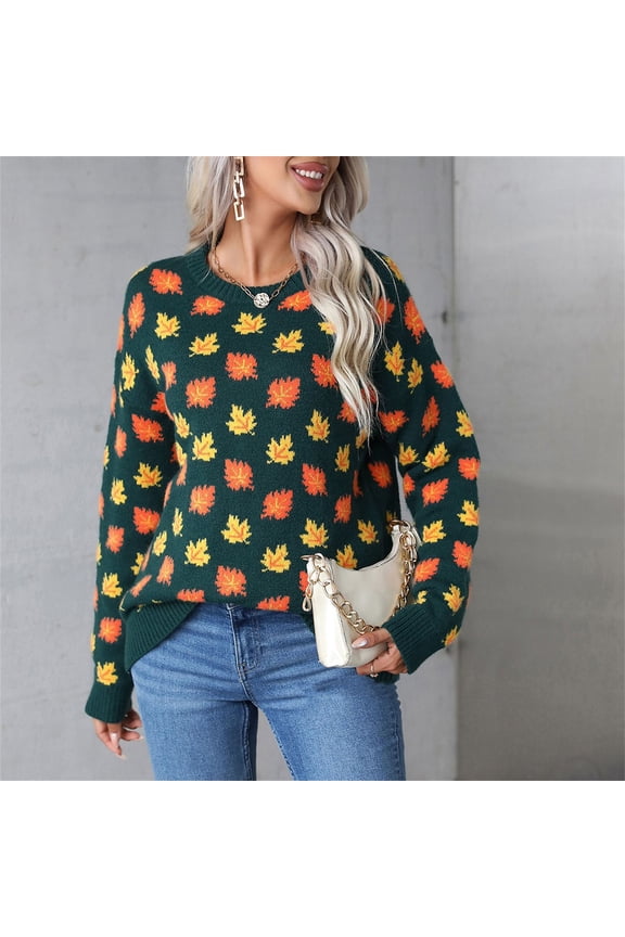 Women's Fall Leaf Print Sweater Comfy Mock Neck Oversized Sweaters Tops Oversized Chunky Jumper