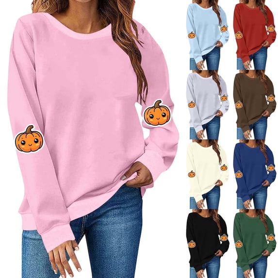 AGWOLF Women's Halloween Sweatshirts Spooky Graphic Pullovers Stretch Holiday Crewneck Long Sleeve Sweater Tops Halloween Costumes Brown L