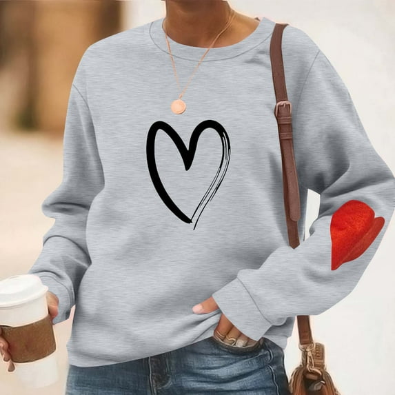 AGWOLF Women's Heart Print Sweatshirts Cute Crewneck Long Sleeve Pullovers Loose Solid Basic Tops