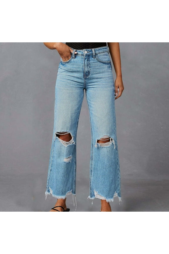 Women's High Waisted Jeans Wide Leg Ripped Frayed Hem Y2K Denim Pants Casual Boocut Travel Trousers