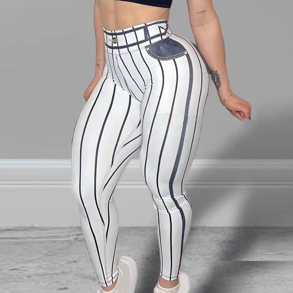 AGWOLF Women's Imitation Denim Leggings Striped High Waist Tummy Control Yoga Pants Butt Lift Workout Running Tights