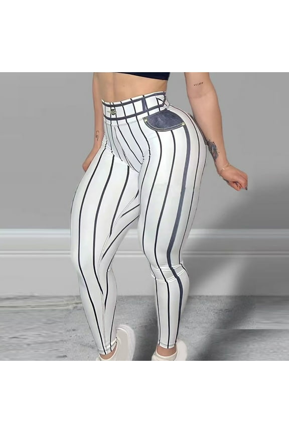 Women's Imitation Denim Leggings Striped High Waist Tummy Control Yoga Pants Butt Lift Workout Running Tights