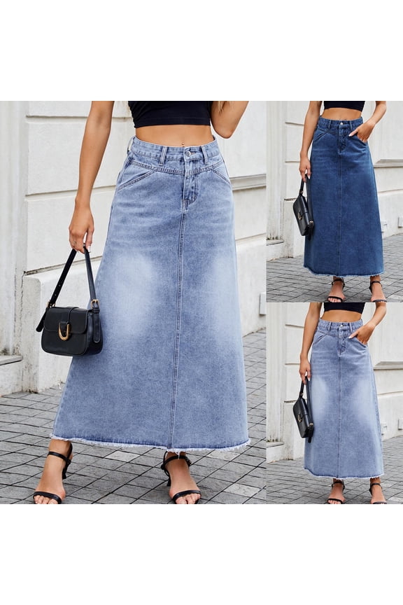 Women's Jean Skirt Stretch High Waisted Frayed Raw Hem Denim Midi Skirt Casual A Line Long Skirt with Pockets Light Blue XXL