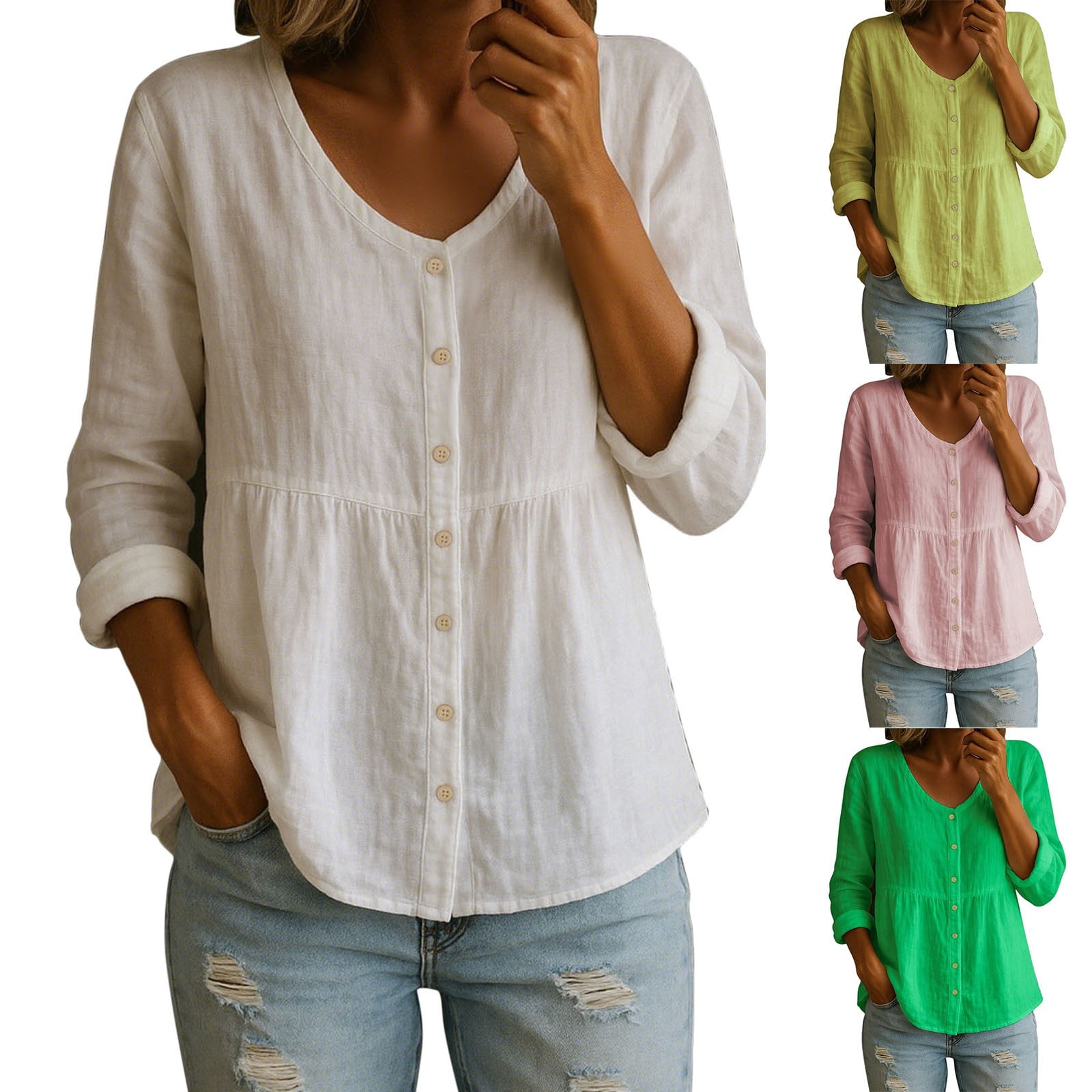 AGWOLF Women's Linen Cotton Shirts Oversized V Neck Button Down Tshirts ...