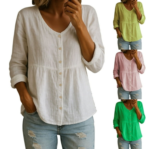 AGWOLF Women's Linen Cotton Shirts Oversized V Neck Button Down Tshirts Casual Babydoll Long Sleeve Blouses Fall Lightweight Tops