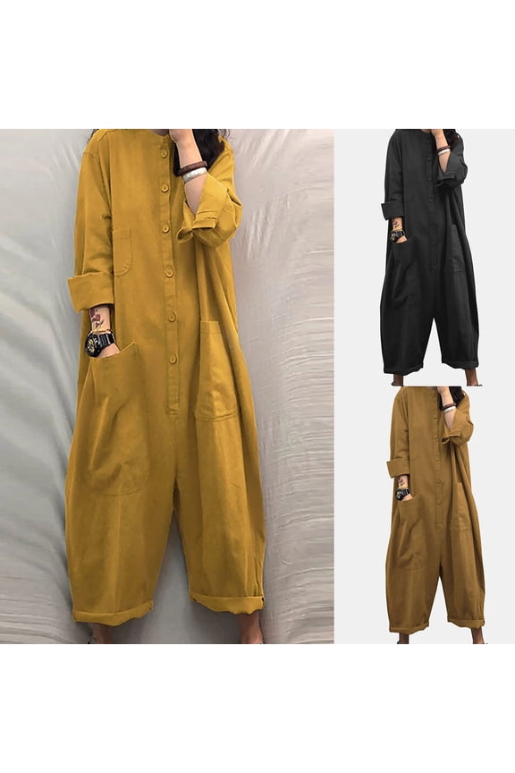 Women's Linen One Piece Jumpsuits Baggy Long Sleeve Button Down Jumpsuit Wide Leg Long Pants Rompers with Pockets Spring Summer Romper