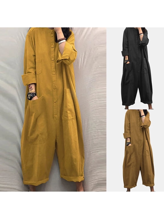 Women's Linen One Piece Jumpsuits Baggy Long Sleeve Button Down Jumpsuit Wide Leg Long Pants Rompers with Pockets Spring Summer Romper
