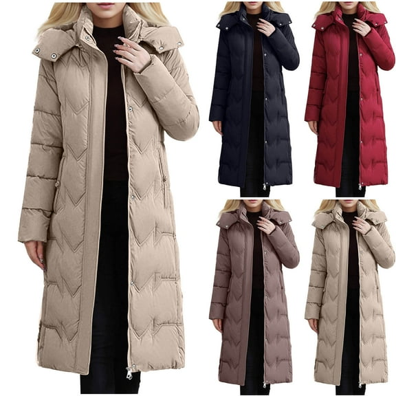 AGWOLF Women's Long Puffer Jackets with Hood Lightweight Zip Up Winter Coat Warm Long Sleeve Down Outerwear Thermal Travel Jackets for Snow