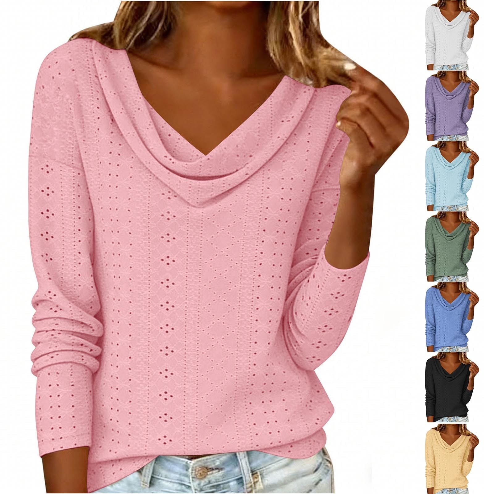 AGWOLF Women's Long Sleeve Shirts Cowl Neck Hollow Out Summer Tops ...