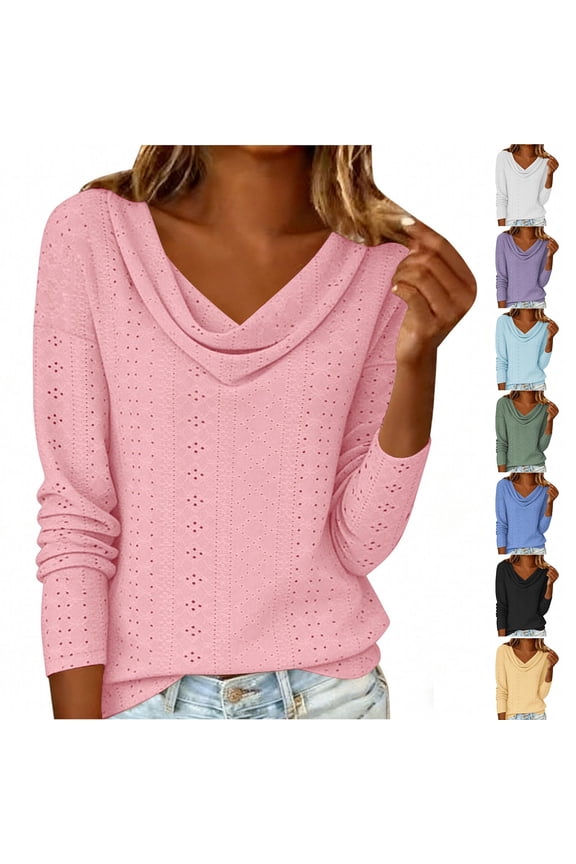 Women's Long Sleeve Shirts Cowl Neck Hollow Out Summer Tops Dressy Casual Plain Tunic Blouses Yellow XXL