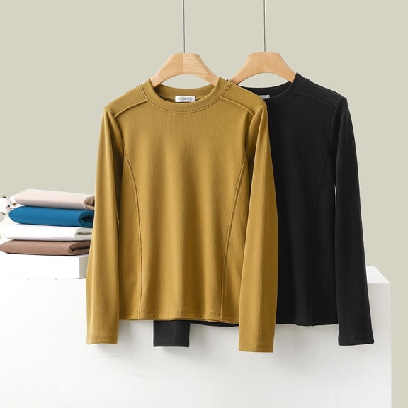 AGWOLF Women's Long Sleeve Shirts Cozy Crewneck Knitted Sweaters Winter Thermal Undershirts Loose Solid Color Basic Tops