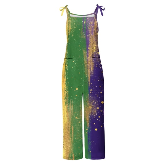 AGWOLF Women's Mardi Gras Jumpsuits Sleeveless Plus Size Overalls Casual Wide Leg Pants Overall with Pockets Funny Carnival Rompers Multicolor XXXXL