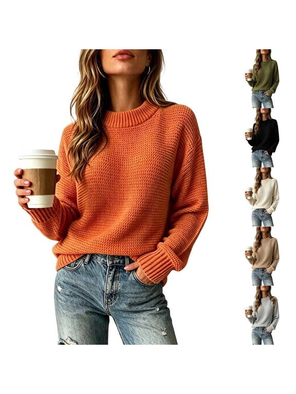 Women's Mock Neck Sweaters Trendy Basic Long Sleeve Pullover Tops Loose Fit Drop Shoulder Sweater Comfort Chunky Knit Jumpers Fall Clothes Winter Layering Orange XXL