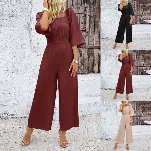 AGWOLF Women's One Piece Jumpsuits Dressy 3/4 Sleeve Square Neck Overalls Wide Leg Pants Rompers Vacation Romper