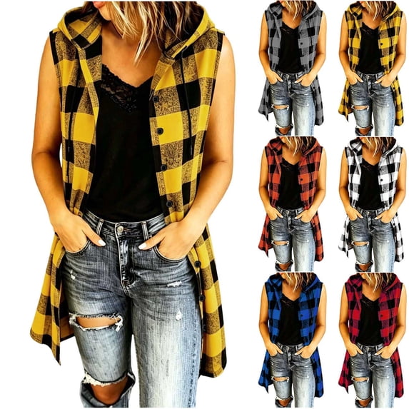 AGWOLF Women's Plaid Vest Brushed Sleeveless Flannel Shacket Shirt Fall Casual Lightweight Jacket Fashion Boyfriend Tops Red XXL