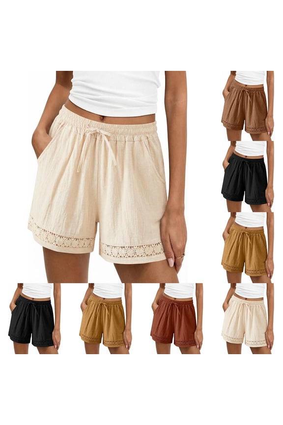 Women's Plus Size Linen Shorts 5 Inch Inseam Summer Casual Wide Leg Shorts Loose Fit Drawstring High Waisted Shorts Beach Vacation Clothes Black XXL