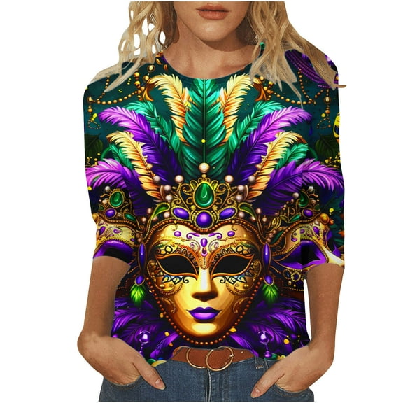 AGWOLF Women's Plus Size Mardi Gras Shirt 3/4 Sleeve Round Neck T-Shirts Fat Tuesday Party Costume Festival Party Tops