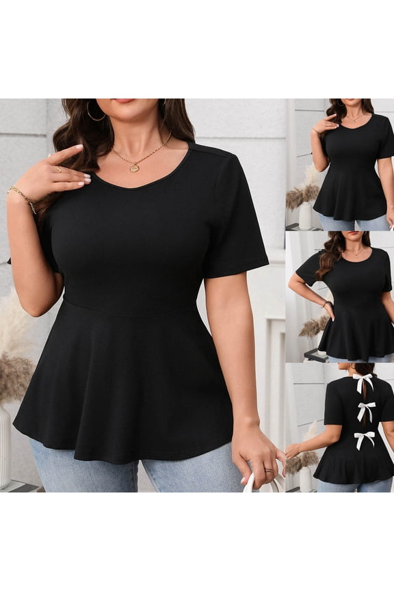 Women's Plus Size Tops Babydoll Short Sleeve T Shirts Casual Peplum Tunic Blouses Loose Fit V-Neck Summer Tops Black XL