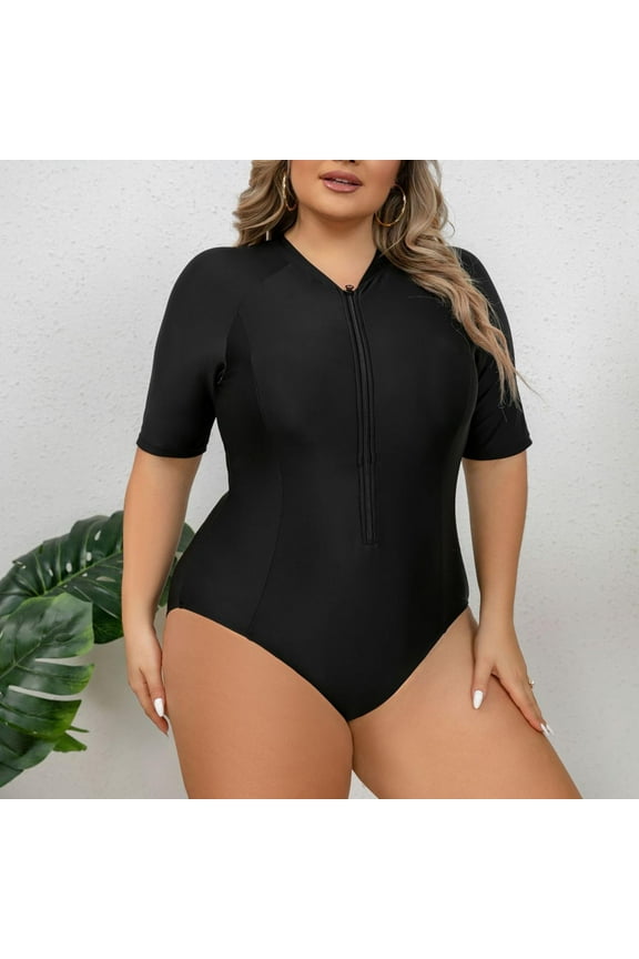 Women's Plus size Rashguard One Piece Swimsuit Short Sleeve Surfing Wetsuit Zip Front Sports Rash Guard Sun Protection Bathing Suits