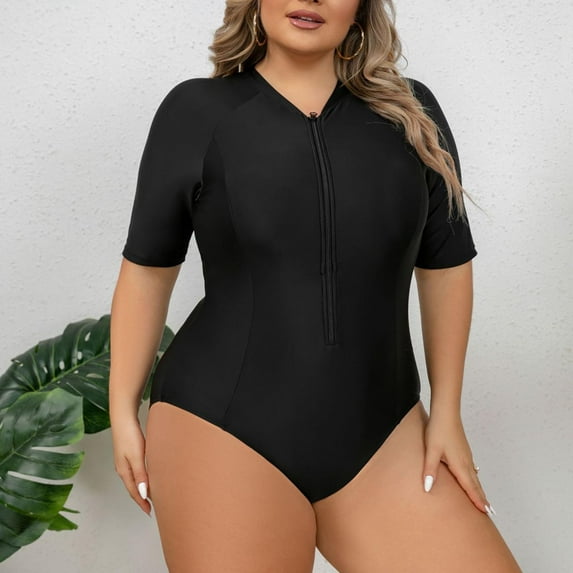 AGWOLF Women's Plus size Rashguard One Piece Swimsuit Short Sleeve Surfing Wetsuit Zip Front Sports Rash Guard Sun Protection Bathing Suits