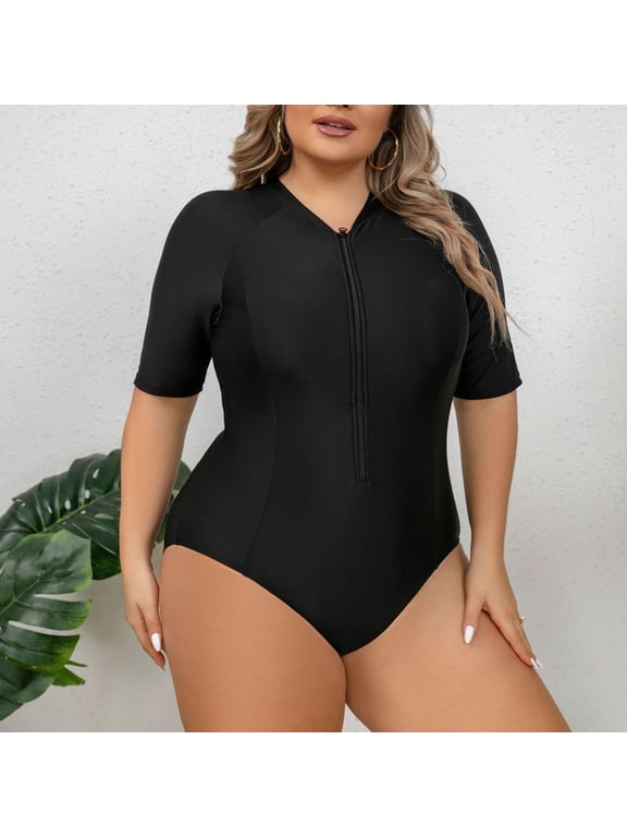 Women's Plus size Rashguard One Piece Swimsuit Short Sleeve Surfing Wetsuit Zip Front Sports Rash Guard Sun Protection Bathing Suits